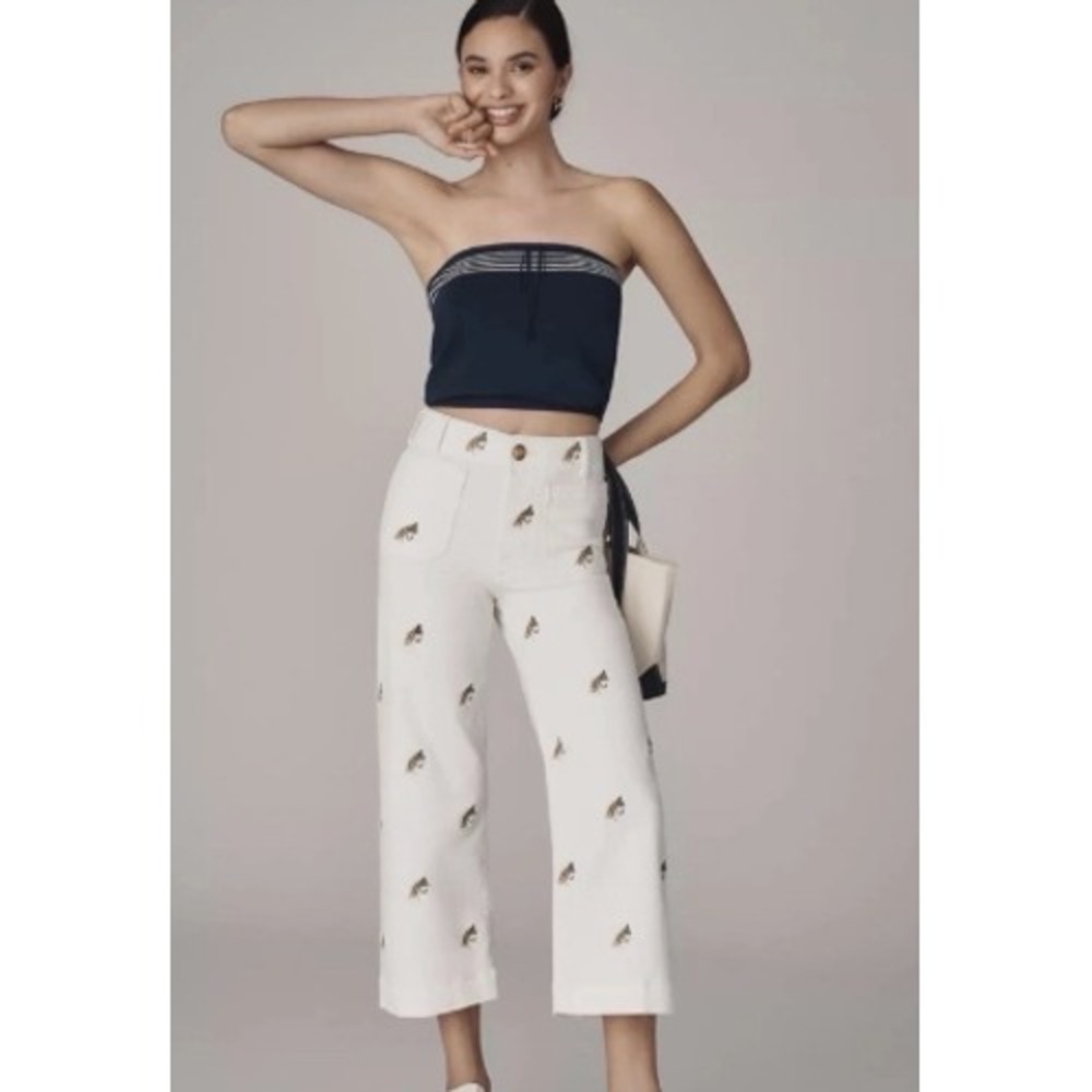 Maeve The Colette Wide Leg Crop Pants Size 32 White Fishing Lure Embroidered